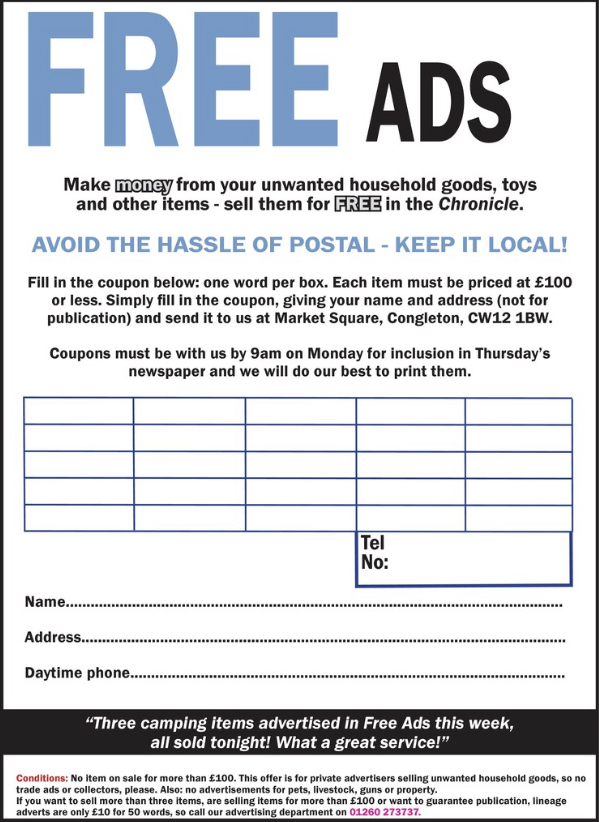 Free ads coupon that can be found in the paper