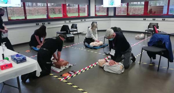 A training session with CPR mannequins..