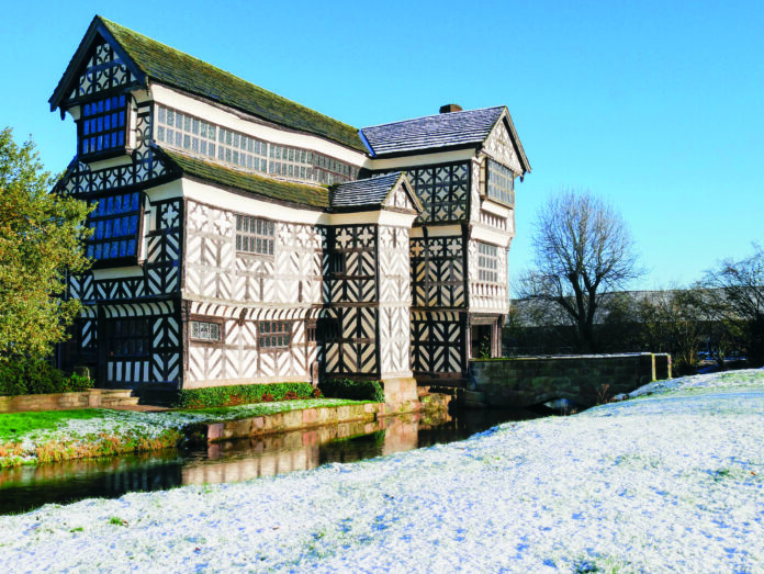 The south range and moat at Little Moreton Hall, Cheshire